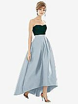 Alt View 1 Thumbnail - Mist & Evergreen Strapless Satin High Low Dress with Pockets