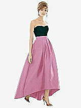 Alt View 1 Thumbnail - Powder Pink & Evergreen Strapless Satin High Low Dress with Pockets