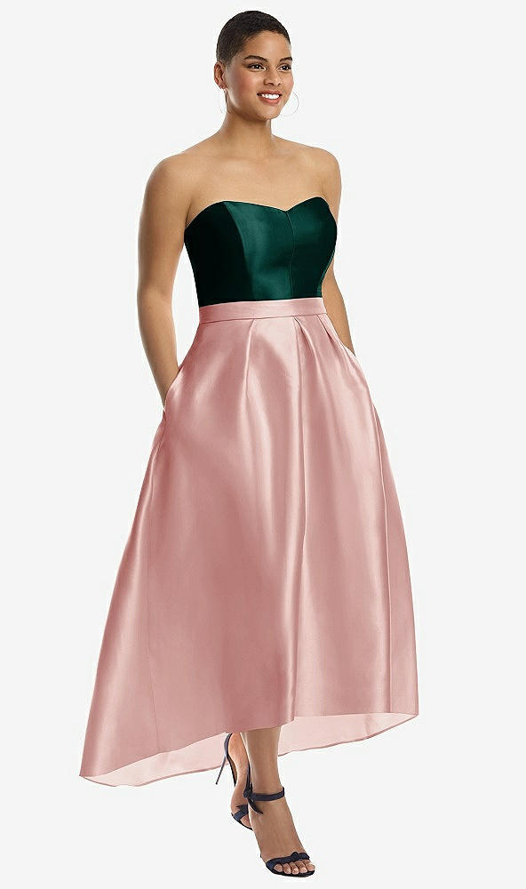 Front View - Rose & Evergreen Strapless Satin High Low Dress with Pockets
