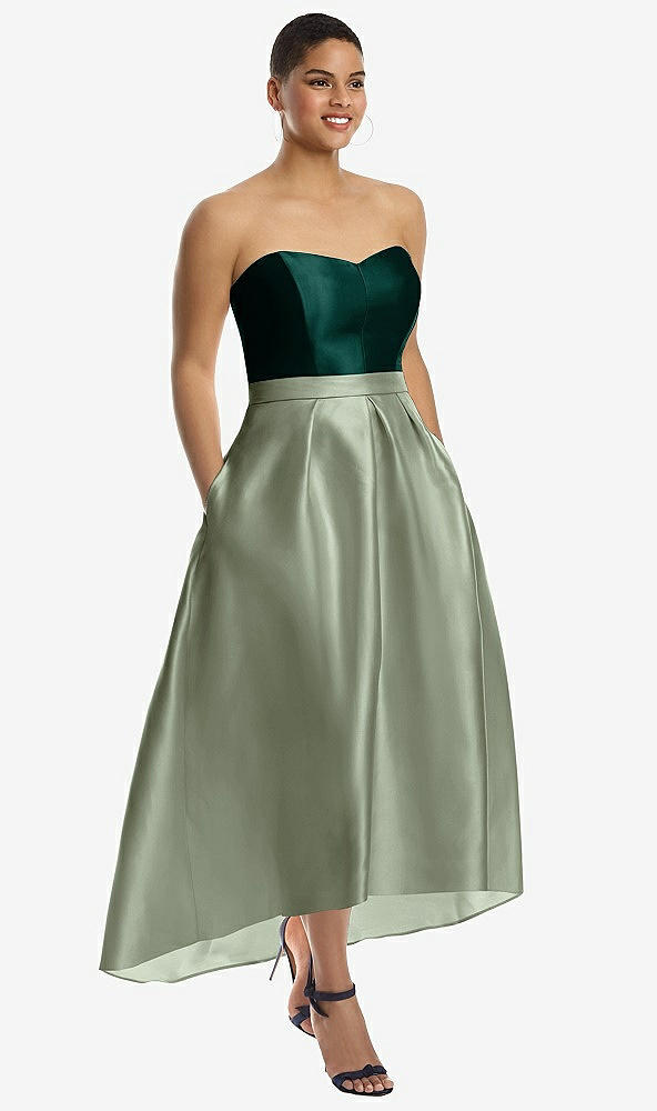 Front View - Sage & Evergreen Strapless Satin High Low Dress with Pockets