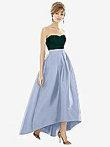 Alt View 1 Thumbnail - Sky Blue & Evergreen Strapless Satin High Low Dress with Pockets
