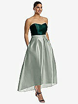 Front View Thumbnail - Willow Green & Evergreen Strapless Satin High Low Dress with Pockets