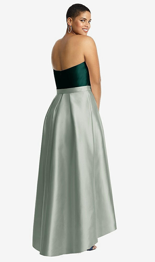Back View - Willow Green & Evergreen Strapless Satin High Low Dress with Pockets