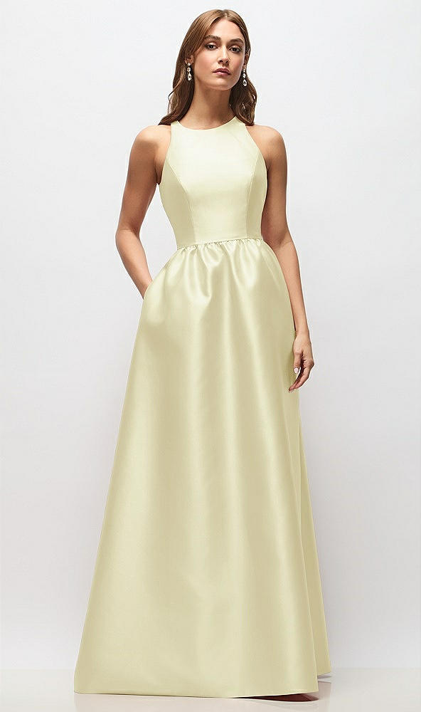 Front View - Butter Yellow Sleeveless Keyhole Back Satin Maxi Dress