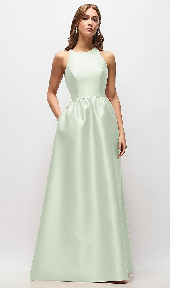 Front View - Mint Green Sleeveless Keyhole Back Satin Maxi Dress
