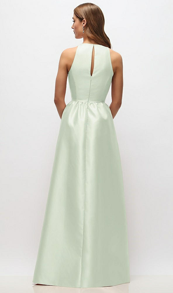 Back View - Mint Green Sleeveless Keyhole Back Satin Maxi Dress