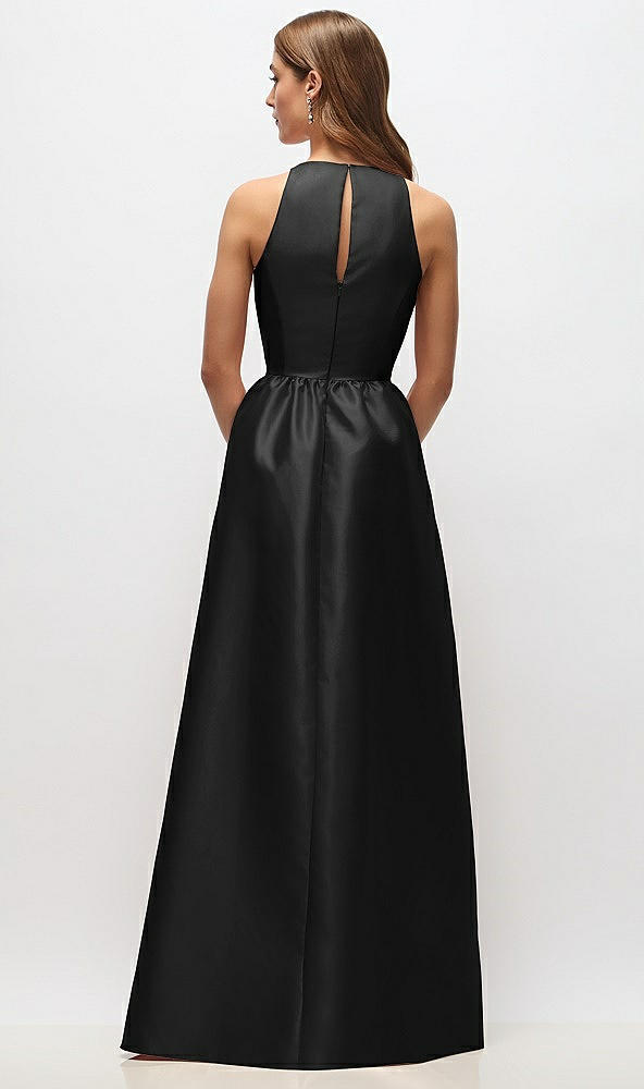 Back View - Black Sleeveless Keyhole Back Satin Maxi Dress
