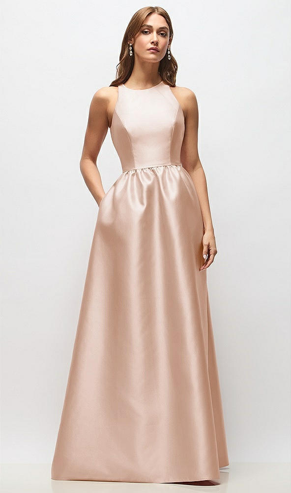 Front View - Cameo Sleeveless Keyhole Back Satin Maxi Dress