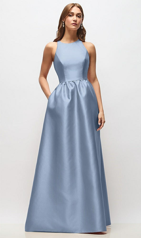 Front View - Cloudy Sleeveless Keyhole Back Satin Maxi Dress