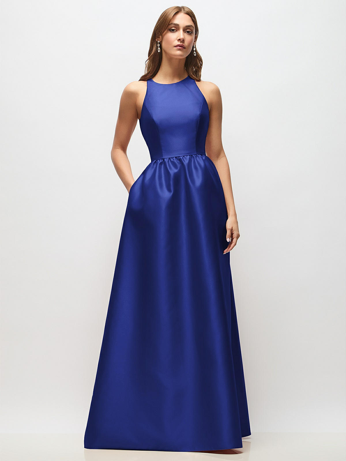 Sleeveless Keyhole Back Satin Maxi Bridesmaid Dress In Cobalt Blue