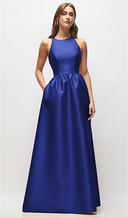 Sleeveless Keyhole Back Satin Maxi Bridesmaid Dress In Cobalt Blue