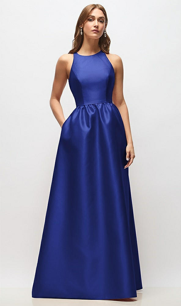Front View - Cobalt Blue Sleeveless Keyhole Back Satin Maxi Dress