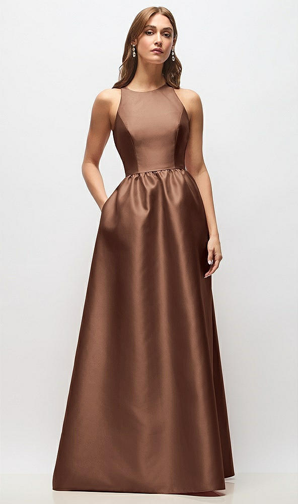 Front View - Cognac Sleeveless Keyhole Back Satin Maxi Dress