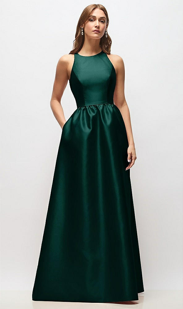 Front View - Evergreen Sleeveless Keyhole Back Satin Maxi Dress