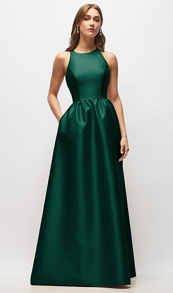 Front View - Hunter Green Sleeveless Keyhole Back Satin Maxi Dress
