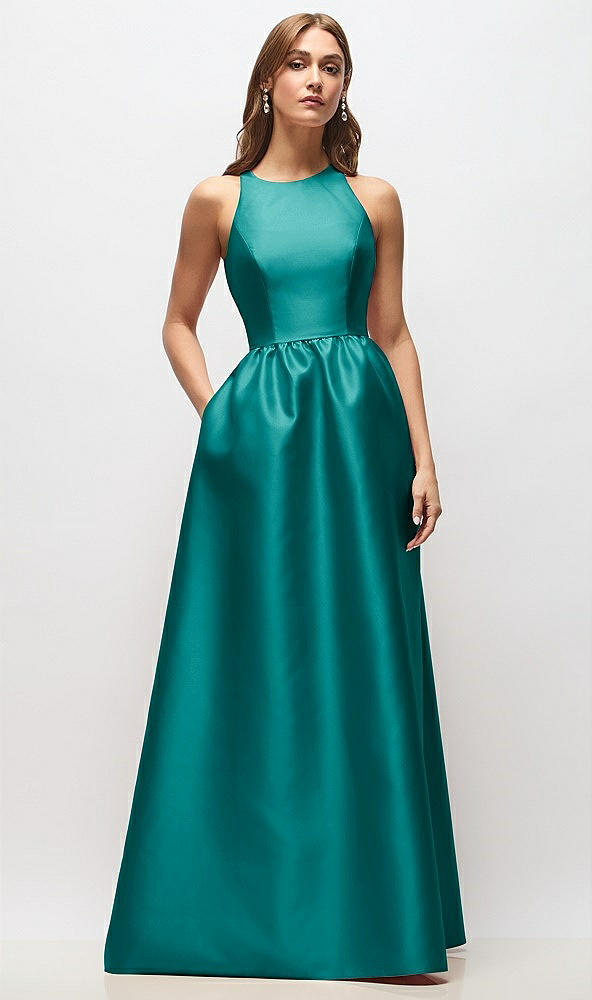 Front View - Jade Sleeveless Keyhole Back Satin Maxi Dress