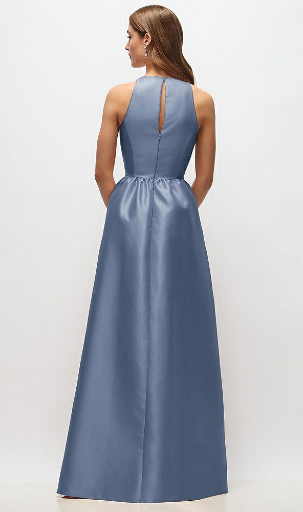 Back View - Larkspur Blue Sleeveless Keyhole Back Satin Maxi Dress