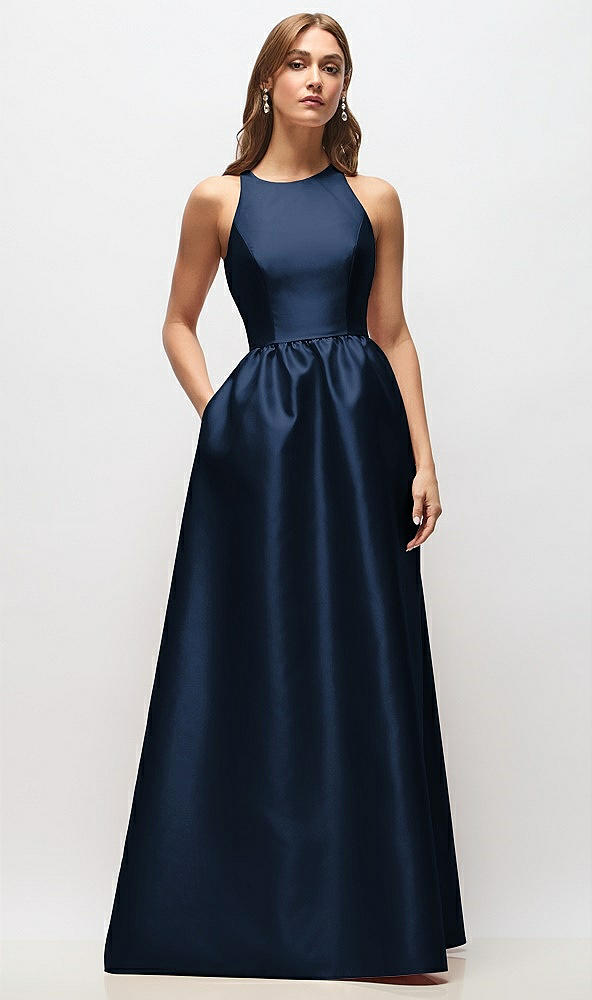 Front View - Midnight Navy Sleeveless Keyhole Back Satin Maxi Dress