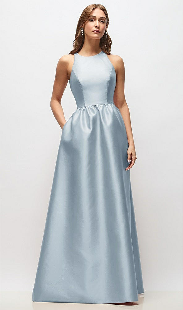 Front View - Mist Sleeveless Keyhole Back Satin Maxi Dress