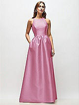 Front View Thumbnail - Powder Pink Sleeveless Keyhole Back Satin Maxi Dress
