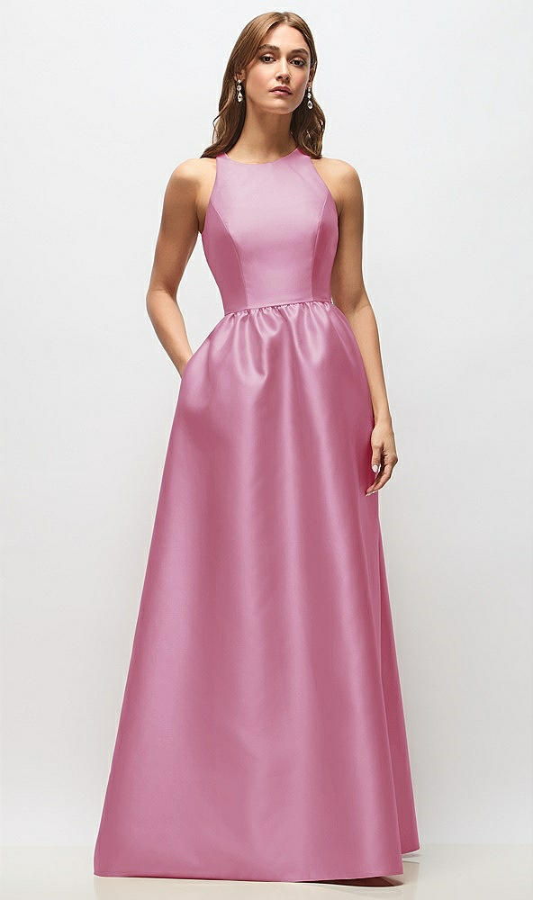 Front View - Powder Pink Sleeveless Keyhole Back Satin Maxi Dress