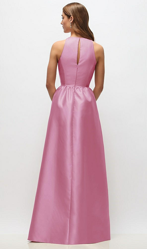 Back View - Powder Pink Sleeveless Keyhole Back Satin Maxi Dress