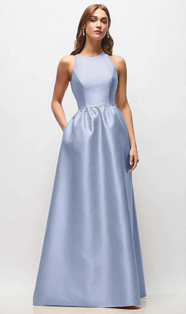 Front View - Sky Blue Sleeveless Keyhole Back Satin Maxi Dress