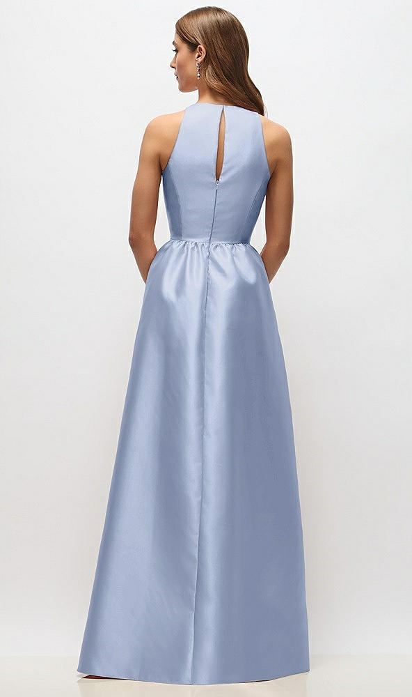 Back View - Sky Blue Sleeveless Keyhole Back Satin Maxi Dress