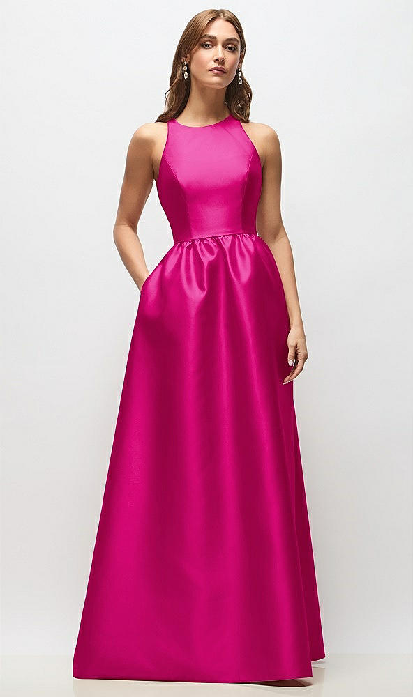 Front View - Think Pink Sleeveless Keyhole Back Satin Maxi Dress