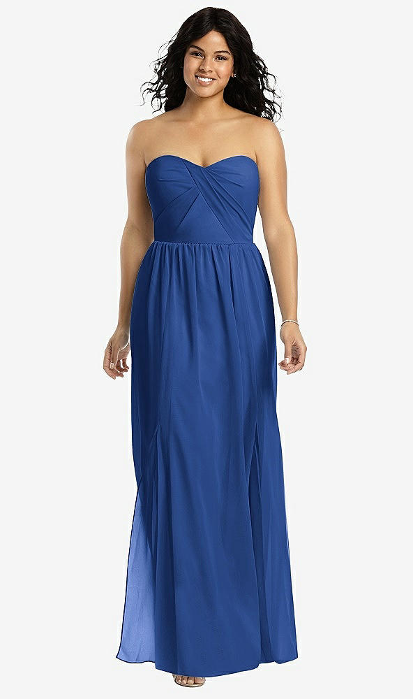 Front View - Classic Blue Strapless Draped Bodice Maxi Dress with Front Slits