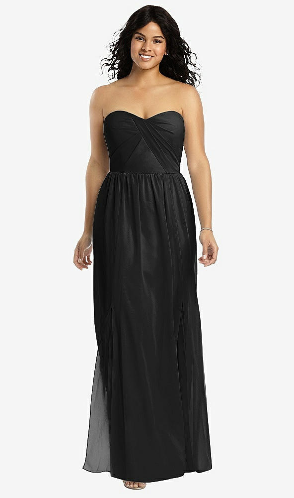 Front View - Black Strapless Draped Bodice Maxi Dress with Front Slits