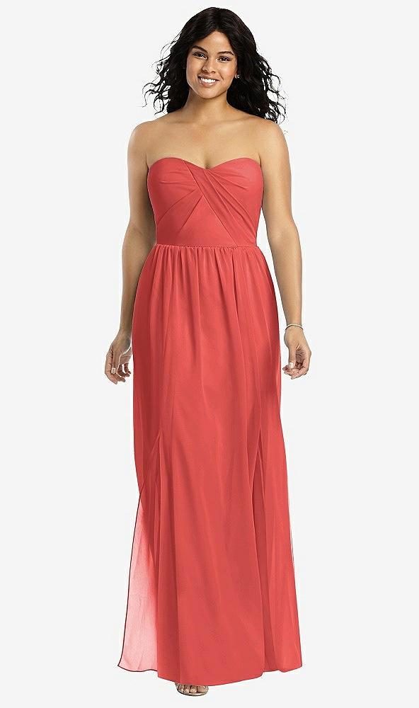 Front View - Perfect Coral Strapless Draped Bodice Maxi Dress with Front Slits