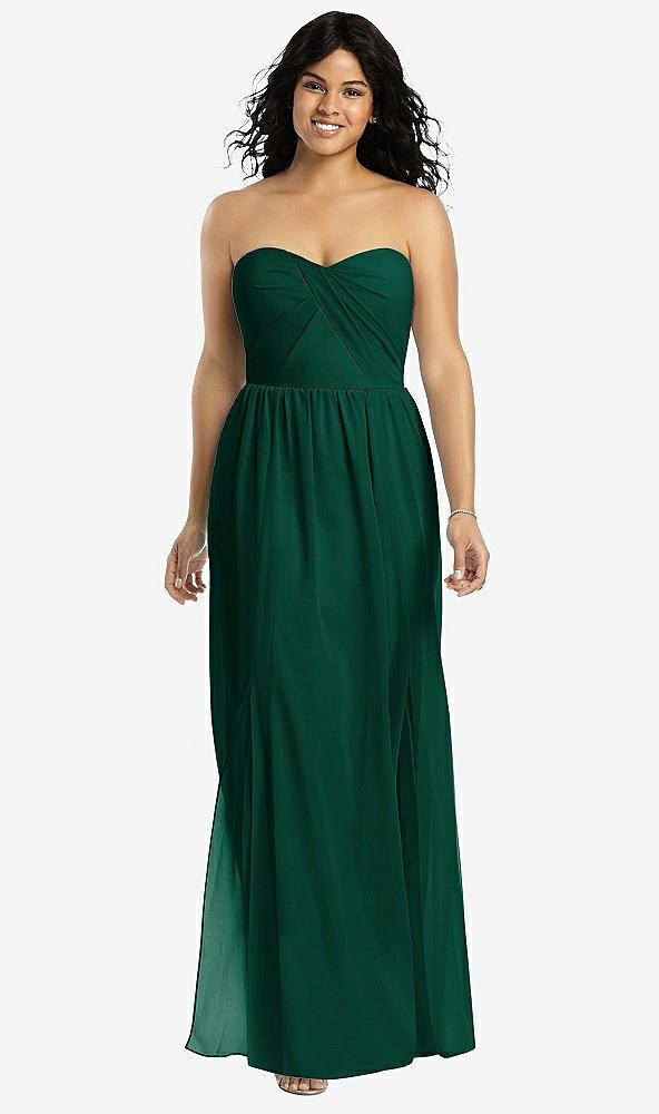 Front View - Hunter Green Strapless Draped Bodice Maxi Dress with Front Slits