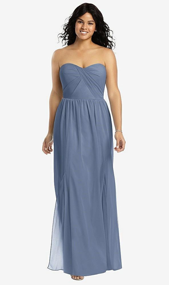Front View - Larkspur Blue Strapless Draped Bodice Maxi Dress with Front Slits