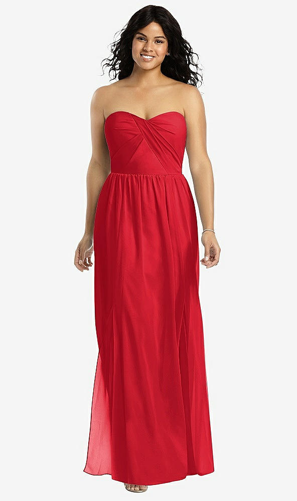 Front View - Parisian Red Strapless Draped Bodice Maxi Dress with Front Slits