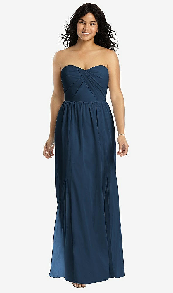 Front View - Sofia Blue Strapless Draped Bodice Maxi Dress with Front Slits