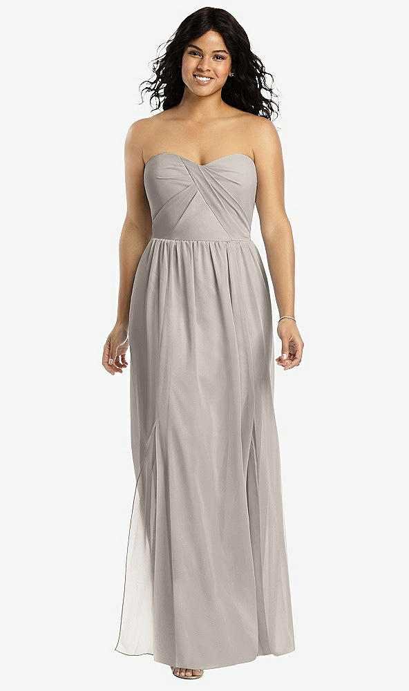 Front View - Taupe Strapless Draped Bodice Maxi Dress with Front Slits