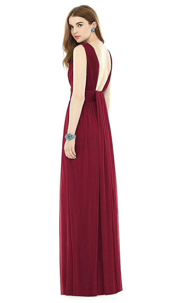 Back View - Burgundy Natural Waist Sleeveless Shirred Skirt Dress