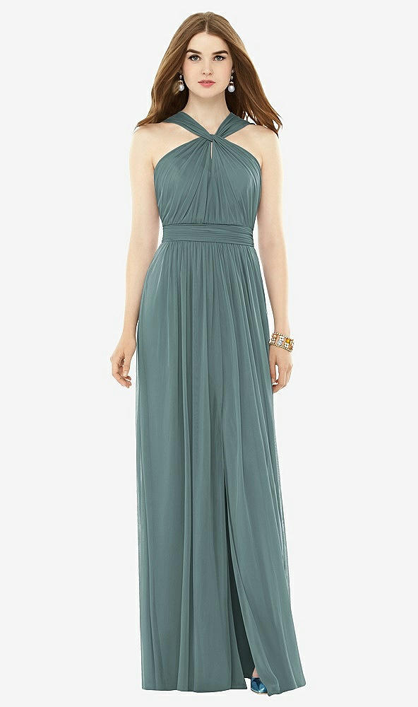 Front View - Smoke Blue Maxi Chiffon Knit Halter Neck Dress