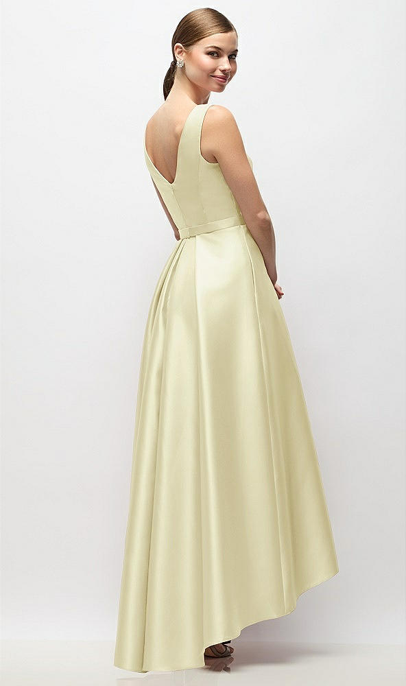 Back View - Butter Yellow Sleeveless Pleated Skirt High Low Dress with Pockets