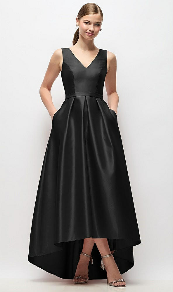 Front View - Black Sleeveless Pleated Skirt High Low Dress with Pockets