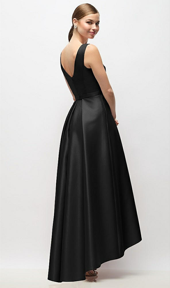 Back View - Black Sleeveless Pleated Skirt High Low Dress with Pockets