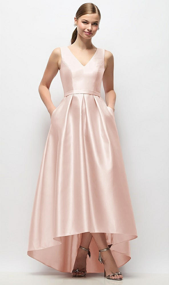 Front View - Blush Sleeveless Pleated Skirt High Low Dress with Pockets