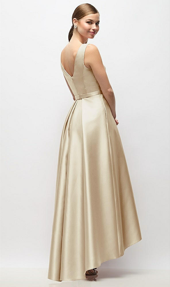 Back View - Champagne Sleeveless Pleated Skirt High Low Dress with Pockets