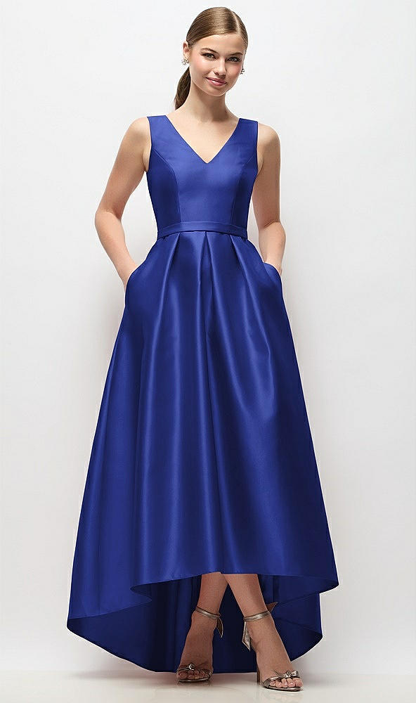 Front View - Cobalt Blue Sleeveless Pleated Skirt High Low Dress with Pockets