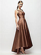 Side View Thumbnail - Cognac Sleeveless Pleated Skirt High Low Dress with Pockets