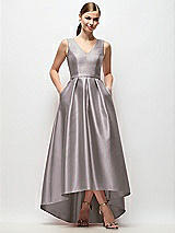 Front View Thumbnail - Cashmere Gray Sleeveless Pleated Skirt High Low Dress with Pockets