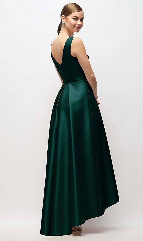Back View - Evergreen Sleeveless Pleated Skirt High Low Dress with Pockets