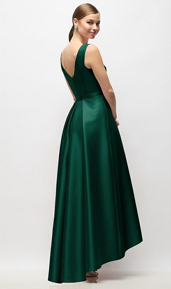 Back View - Hunter Green Sleeveless Pleated Skirt High Low Dress with Pockets