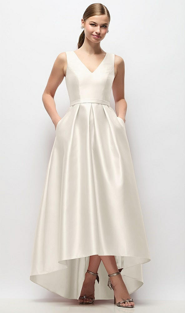 Front View - Ivory Sleeveless Pleated Skirt High Low Dress with Pockets